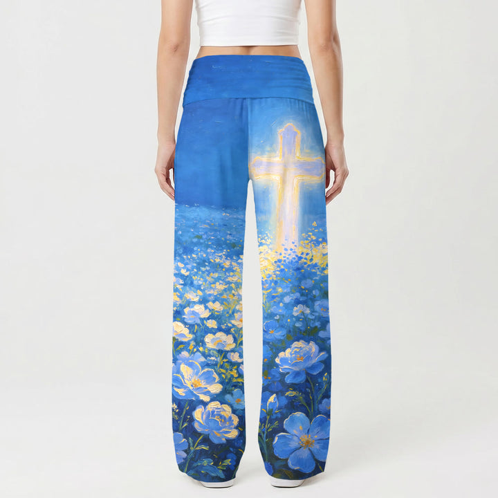 Christianartworkshop Leuchtendes Kreuz, floraler Ölgemälde-Print, hochtaillierte Stretch-Hose mit weitem Bein, Faith Damen-Hose, weit geschnitten, aus der Faith-Kollektion - image 2
