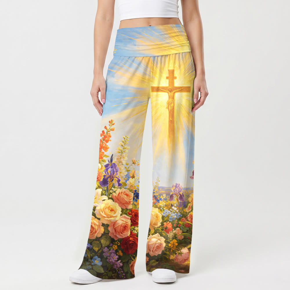 Christianartworkshop Strahlende Kruzifix- und Blumenmuster-Vintage-Ölgemälde-Hose mit hohem Bund und weitem Bein für Damen, dehnbar. - image 1