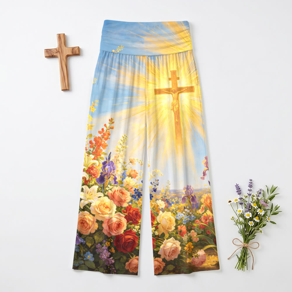 Christianartworkshop Strahlende Kruzifix- und Blumenmuster-Vintage-Ölgemälde-Hose mit hohem Bund und weitem Bein für Damen, dehnbar. - US22, UK/AU26, EU54 - image 0
