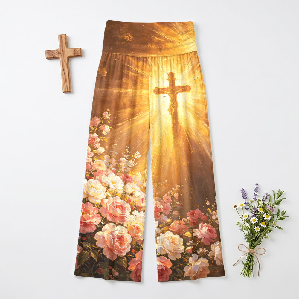 Christianartworkshop Strahlende Kruzifix-Hose in zartem Rosa mit Vintage-Ölgemälde-Print, hohem Bund und weitem Bein, dehnbar für Damen. - US22, UK/AU26, EU54 - image 0