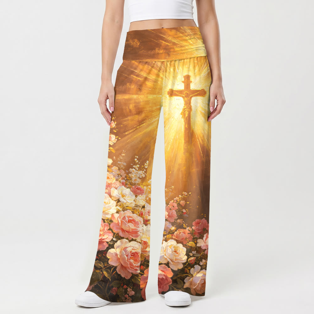 Christianartworkshop Strahlende Kruzifix-Hose in zartem Rosa mit Vintage-Ölgemälde-Print, hohem Bund und weitem Bein, dehnbar für Damen. - image 1