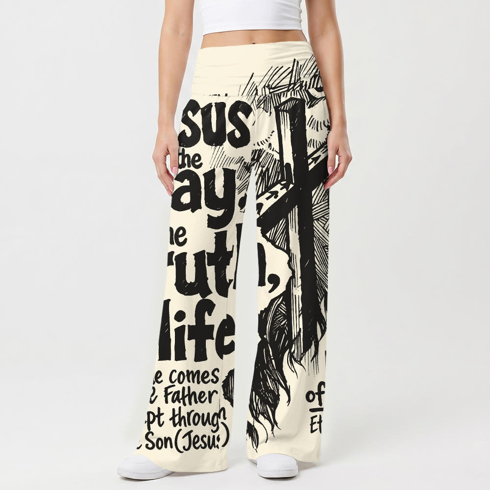 Christianartworkshop Jesus, der Weg, die Wahrheit, das Leben – Holzschnitt-Kreuz, Bibelvers, fettgedruckter Text, vollflächiger Druck, hohe Taille, Stretch, weites Bein, Damenhose - image 1