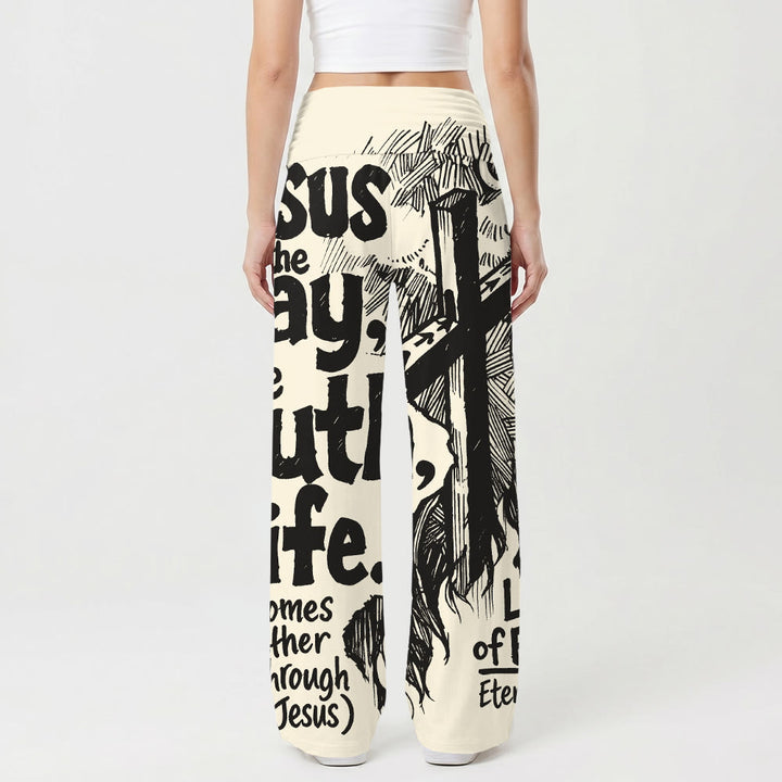 Christianartworkshop Jesus, der Weg, die Wahrheit, das Leben – Holzschnitt-Kreuz, Bibelvers, fettgedruckter Text, vollflächiger Druck, hohe Taille, Stretch, weites Bein, Damenhose - image 2