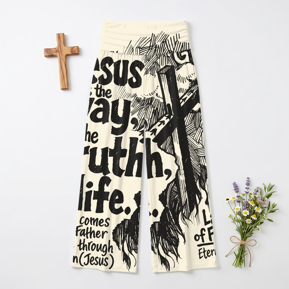 Christianartworkshop Jesus, der Weg, die Wahrheit, das Leben – Holzschnitt-Kreuz, Bibelvers, fettgedruckter Text, vollflächiger Druck, hohe Taille, Stretch, weites Bein, Damenhose - US22, UK/AU26, EU54 - image 0