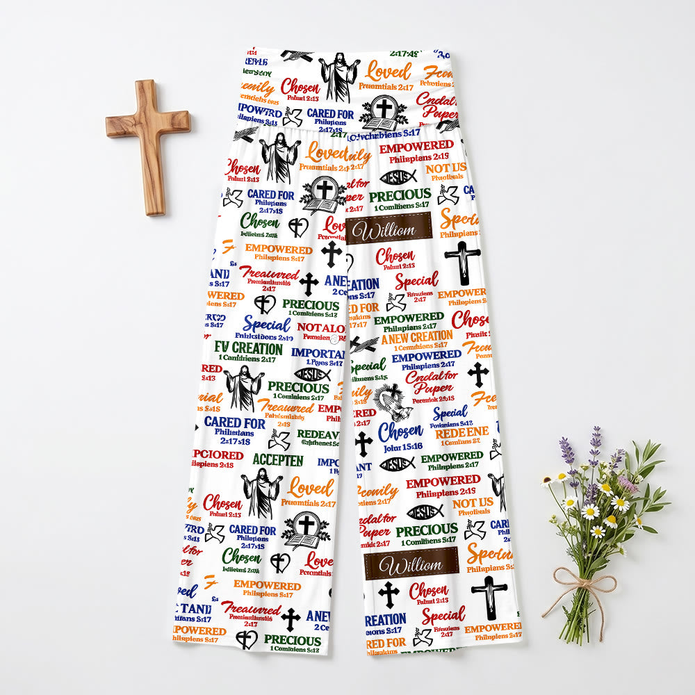 Christianartworkshop Weite Hose mit umklappbarem Gummizug, hohem Bund, verschiedenen biblischen Texten und Symbolen, lässig-andächtig, für Damen - US22, UK/AU26, EU54 - image 0