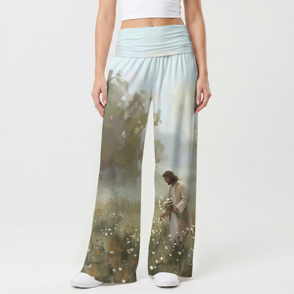 Christianartworkshop Idyllisches Wildblumenfeld, Jesus pflückt Blüten – Ganzkörper-Kunstdruck, sanftes Design, weiche, lockere Damenhose mit weitem Bein - image 1