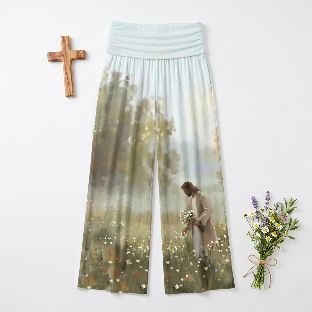 Christianartworkshop Idyllisches Wildblumenfeld, Jesus pflückt Blüten – Ganzkörper-Kunstdruck, sanftes Design, weiche, lockere Damenhose mit weitem Bein - US22, UK/AU26, EU54 - image 0