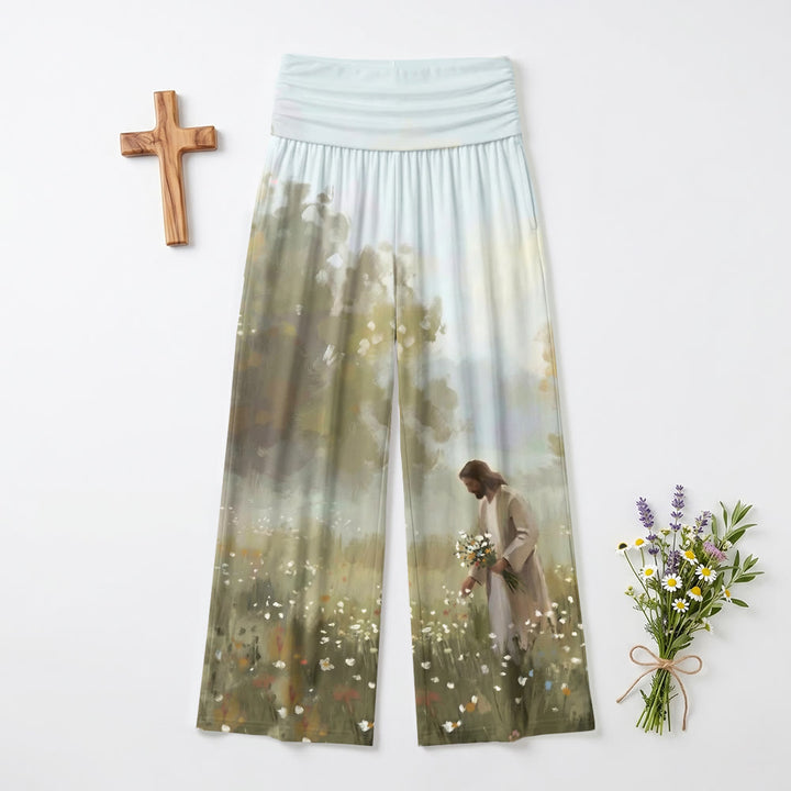 Christianartworkshop Idyllisches Wildblumenfeld, Jesus pflückt Blüten – Ganzkörper-Kunstdruck, sanftes Design, weiche, lockere Damenhose mit weitem Bein - US22, UK/AU26, EU54 - image 0