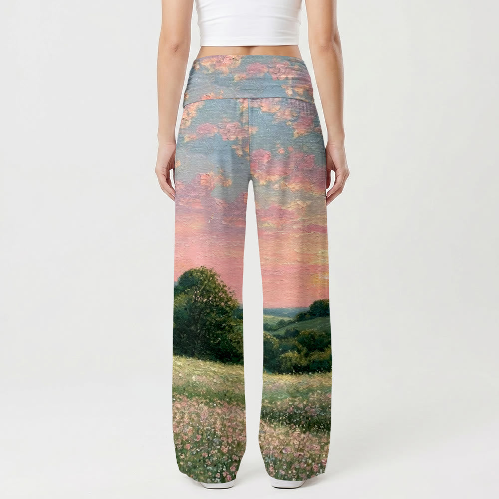 Christianartworkshop Jesus mit Kind unterwegs, pastellfarbener Sonnenuntergang, ländliche Wildblumen, Ölgemälde-Druck, hochtaillierte Stretch-Damenhose mit weitem Bein - image 2