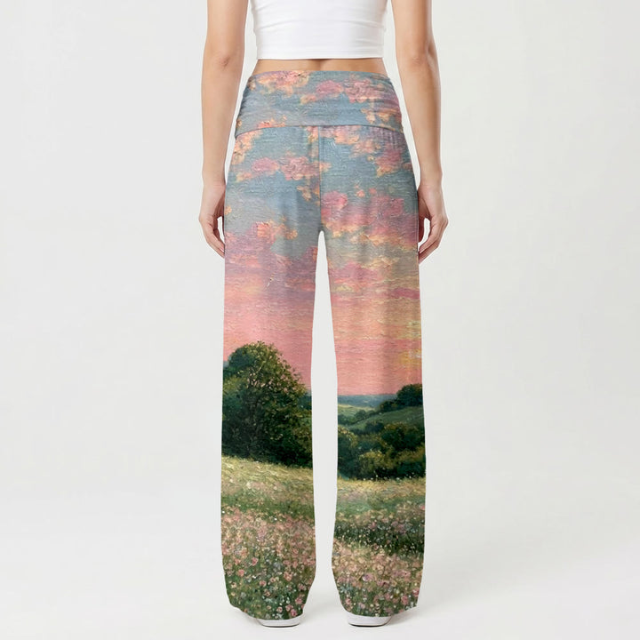 Christianartworkshop Jesus mit Kind unterwegs, pastellfarbener Sonnenuntergang, ländliche Wildblumen, Ölgemälde-Druck, hochtaillierte Stretch-Damenhose mit weitem Bein - image 2