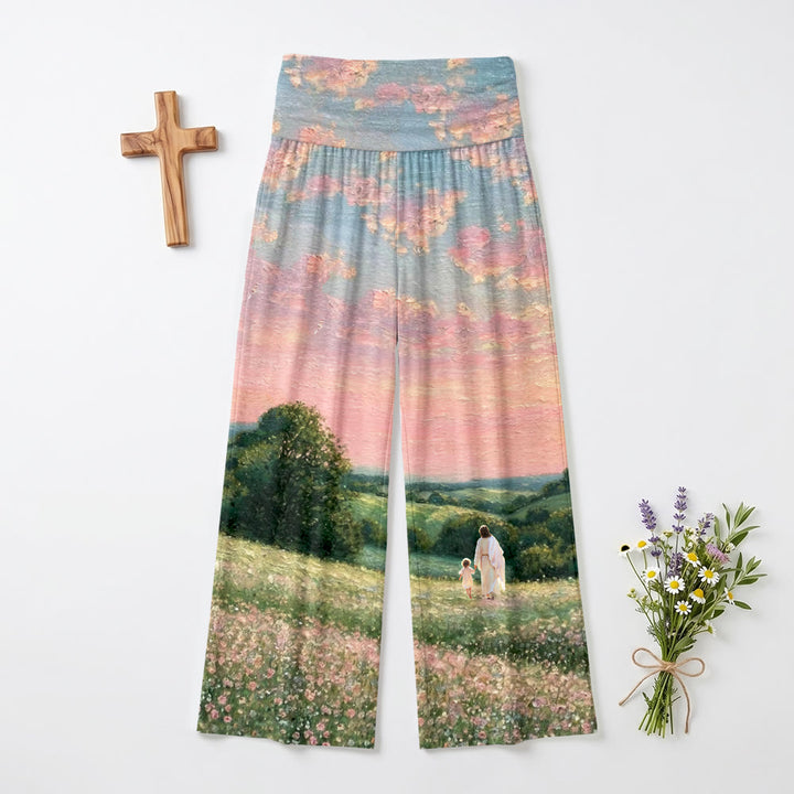Christianartworkshop Jesus mit Kind unterwegs, pastellfarbener Sonnenuntergang, ländliche Wildblumen, Ölgemälde-Druck, hochtaillierte Stretch-Damenhose mit weitem Bein - US22, UK/AU26, EU54 - image 0