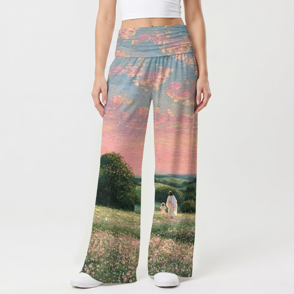 Christianartworkshop Jesus mit Kind unterwegs, pastellfarbener Sonnenuntergang, ländliche Wildblumen, Ölgemälde-Druck, hochtaillierte Stretch-Damenhose mit weitem Bein - image 1