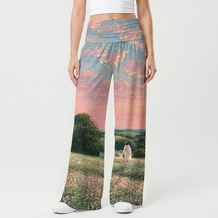 Christianartworkshop Jesus mit Kind unterwegs, pastellfarbener Sonnenuntergang, ländliche Wildblumen, Ölgemälde-Druck, hochtaillierte Stretch-Damenhose mit weitem Bein - image 1