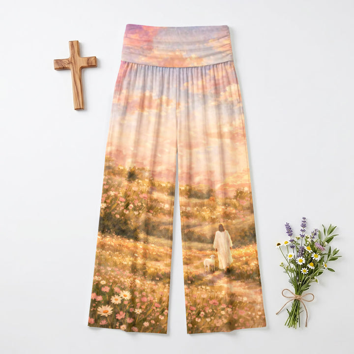 Christianartworkshop Jesus und Lamm Pastell Sonnenuntergang Wildblumenhügel Impression Öldruck High Waist Stretch Damen Weites Bein Hose - US22, UK/AU26, EU54 - image 0