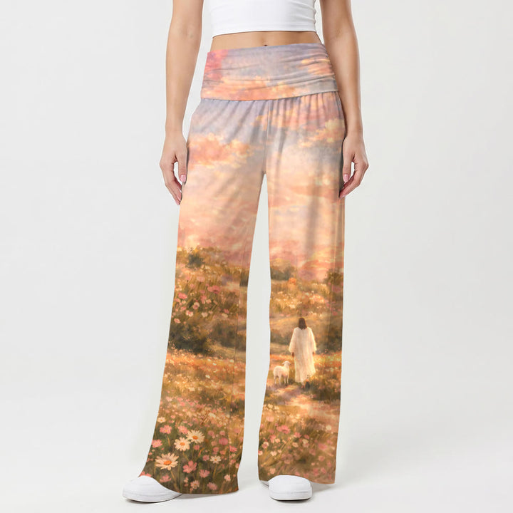Christianartworkshop Jesus und Lamm Pastell Sonnenuntergang Wildblumenhügel Impression Öldruck High Waist Stretch Damen Weites Bein Hose - image 1