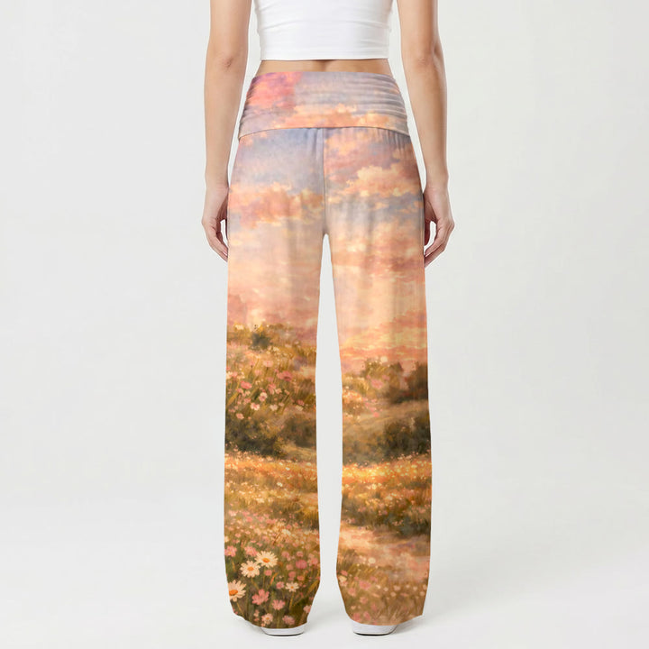 Christianartworkshop Jesus und Lamm Pastell Sonnenuntergang Wildblumenhügel Impression Öldruck High Waist Stretch Damen Weites Bein Hose - image 2