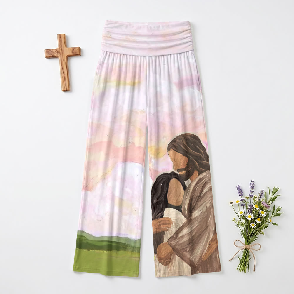 Christianartworkshop Jesus Warm Embrace Soft Pastell Himmelgrüne Hügel Ölgemälde Druck Hohe Taille Stretch Damen Weites Bein Hose - US22, UK/AU26, EU54 - image 0