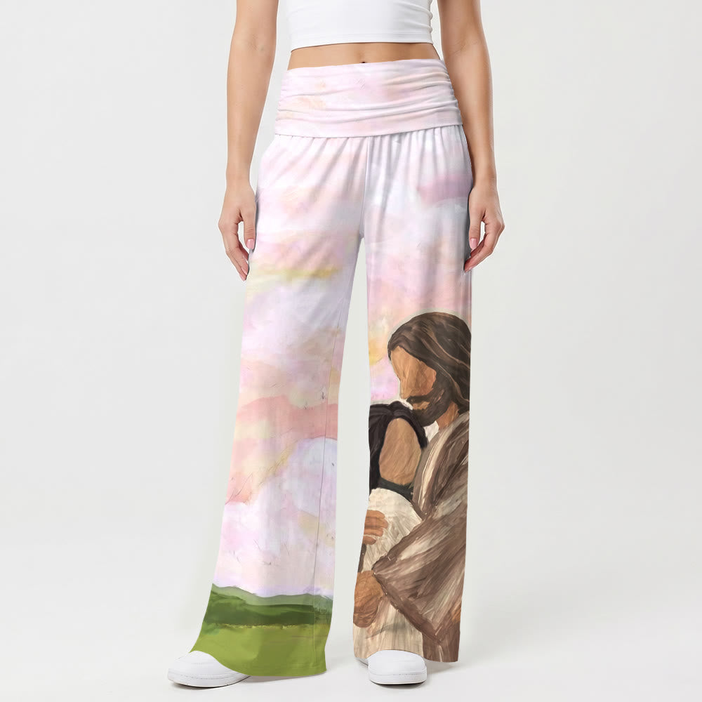 Christianartworkshop Jesus Warm Embrace Soft Pastell Himmelgrüne Hügel Ölgemälde Druck Hohe Taille Stretch Damen Weites Bein Hose - image 1