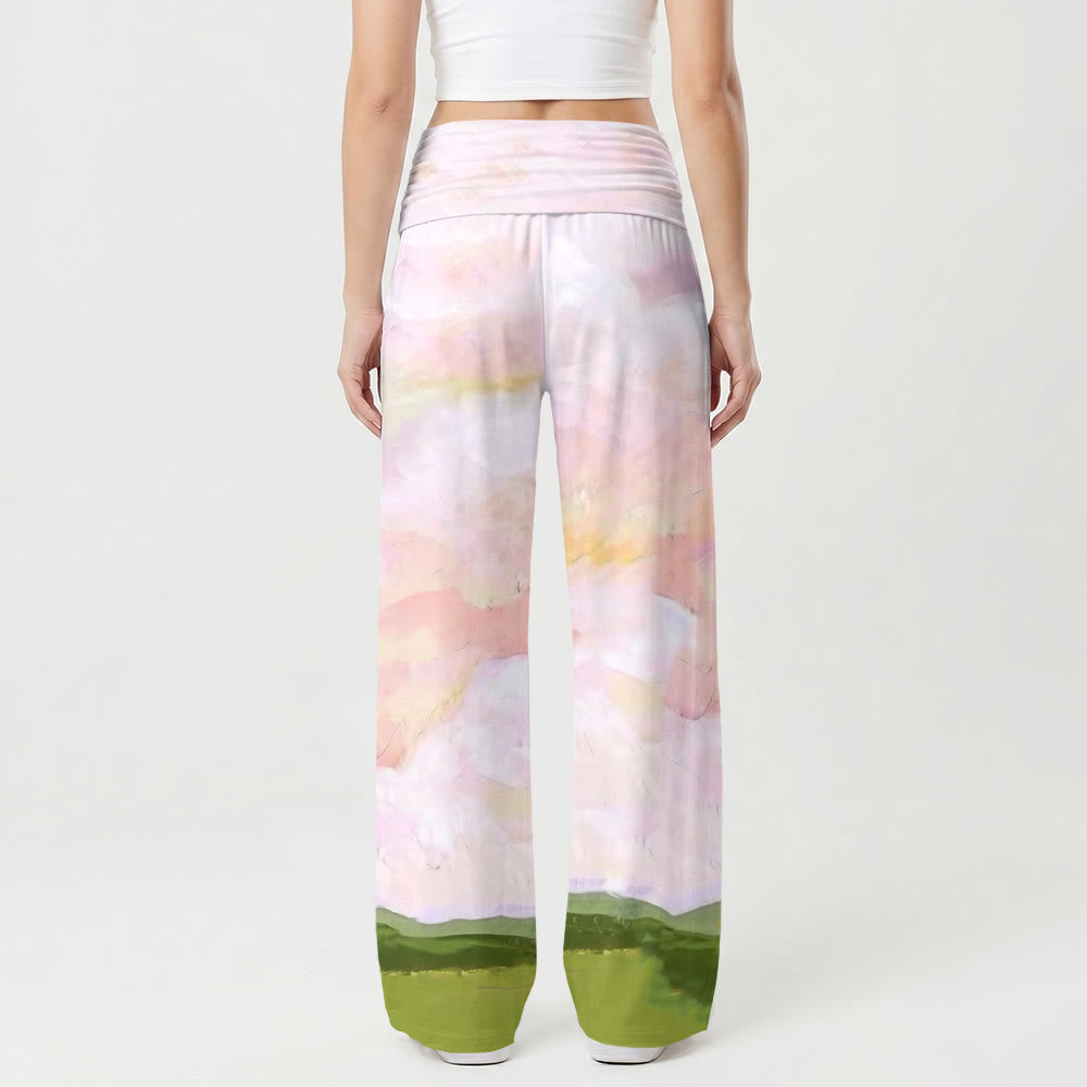 Christianartworkshop Jesus Warm Embrace Soft Pastell Himmelgrüne Hügel Ölgemälde Druck Hohe Taille Stretch Damen Weites Bein Hose - image 2