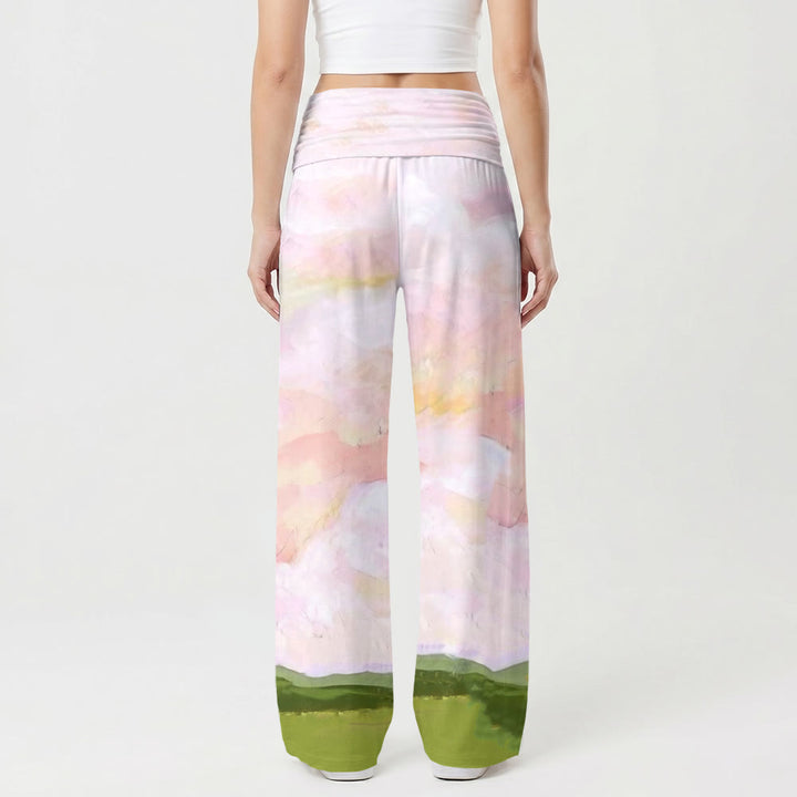 Christianartworkshop Jesus Warm Embrace Soft Pastell Himmelgrüne Hügel Ölgemälde Druck Hohe Taille Stretch Damen Weites Bein Hose - image 2
