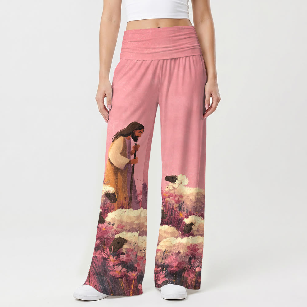 Christianartworkshop Umschlag-Hose mit elastischem Bund, hohem Bund, pastoralem Motiv (Hirte, Jesus, Blumenfeld, Cartoon-Kunst), lässiger Stil, Glaube, Damen, weites Bein - image 1