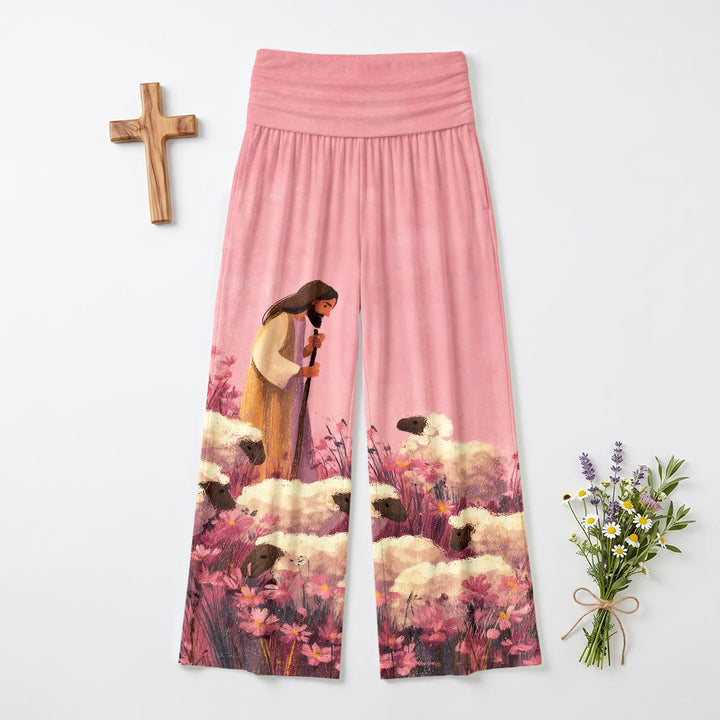 Christianartworkshop Umschlag-Hose mit elastischem Bund, hohem Bund, pastoralem Motiv (Hirte, Jesus, Blumenfeld, Cartoon-Kunst), lässiger Stil, Glaube, Damen, weites Bein - US22, UK/AU26, EU54 - image 0