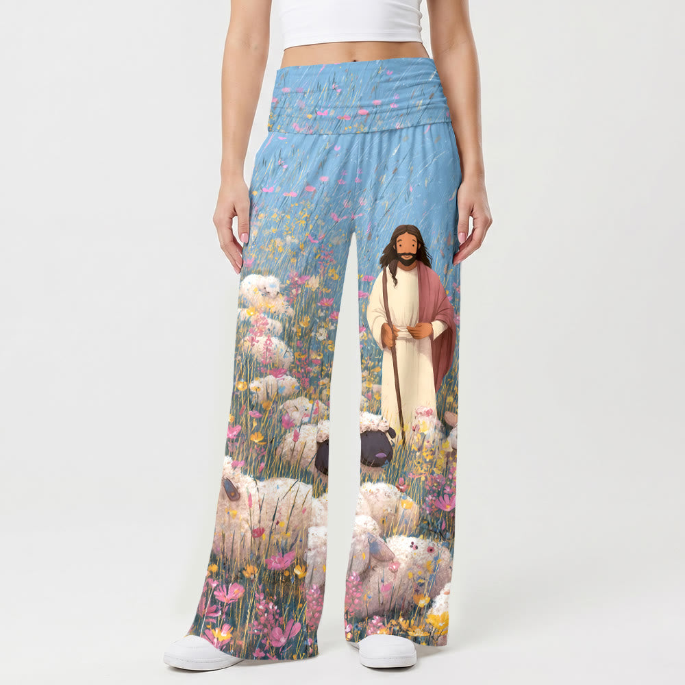 Christianartworkshop Gute Hirten-Jesus-Hose mit mehrfarbigem Wildblumenmuster, hellblauem Himmel und Cartoon-Öldruck, hohem Bund und Stretchanteil, weitem Bein. - image 1
