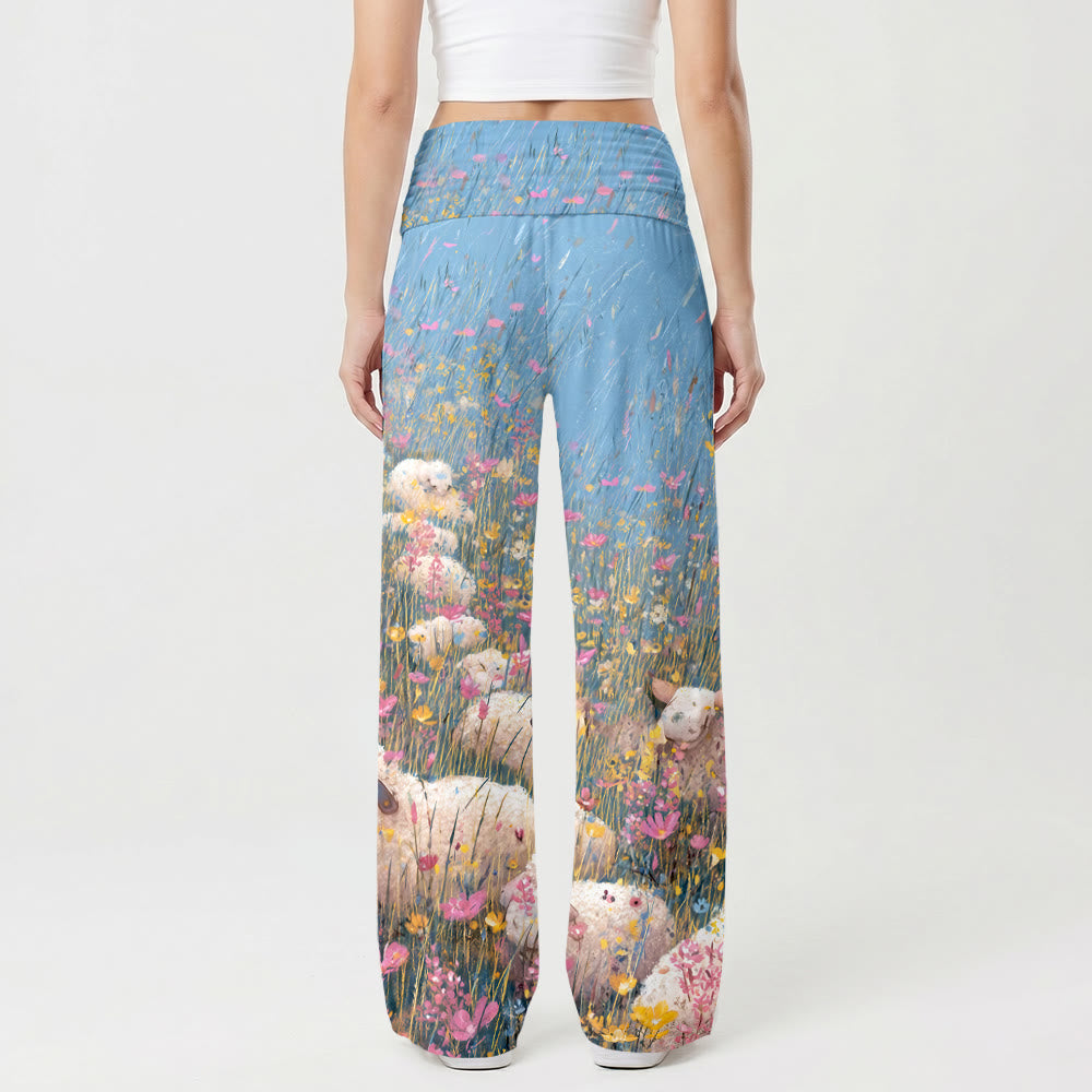 Christianartworkshop Gute Hirten-Jesus-Hose mit mehrfarbigem Wildblumenmuster, hellblauem Himmel und Cartoon-Öldruck, hohem Bund und Stretchanteil, weitem Bein. - image 2
