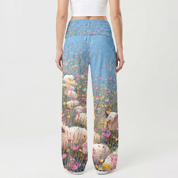 Christianartworkshop Gute Hirten-Jesus-Hose mit mehrfarbigem Wildblumenmuster, hellblauem Himmel und Cartoon-Öldruck, hohem Bund und Stretchanteil, weitem Bein. - image 2
