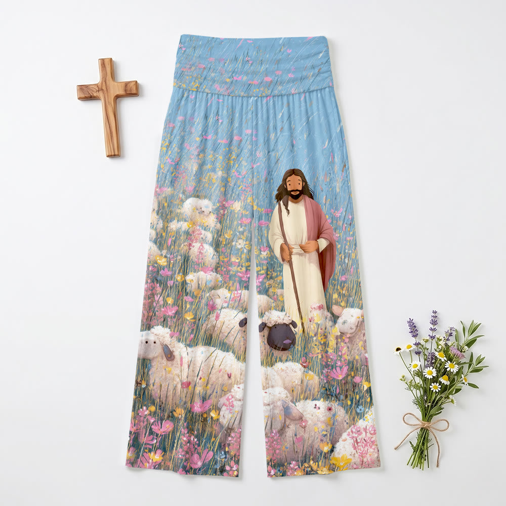 Christianartworkshop Gute Hirten-Jesus-Hose mit mehrfarbigem Wildblumenmuster, hellblauem Himmel und Cartoon-Öldruck, hohem Bund und Stretchanteil, weitem Bein. - US22, UK/AU26, EU54 - image 0