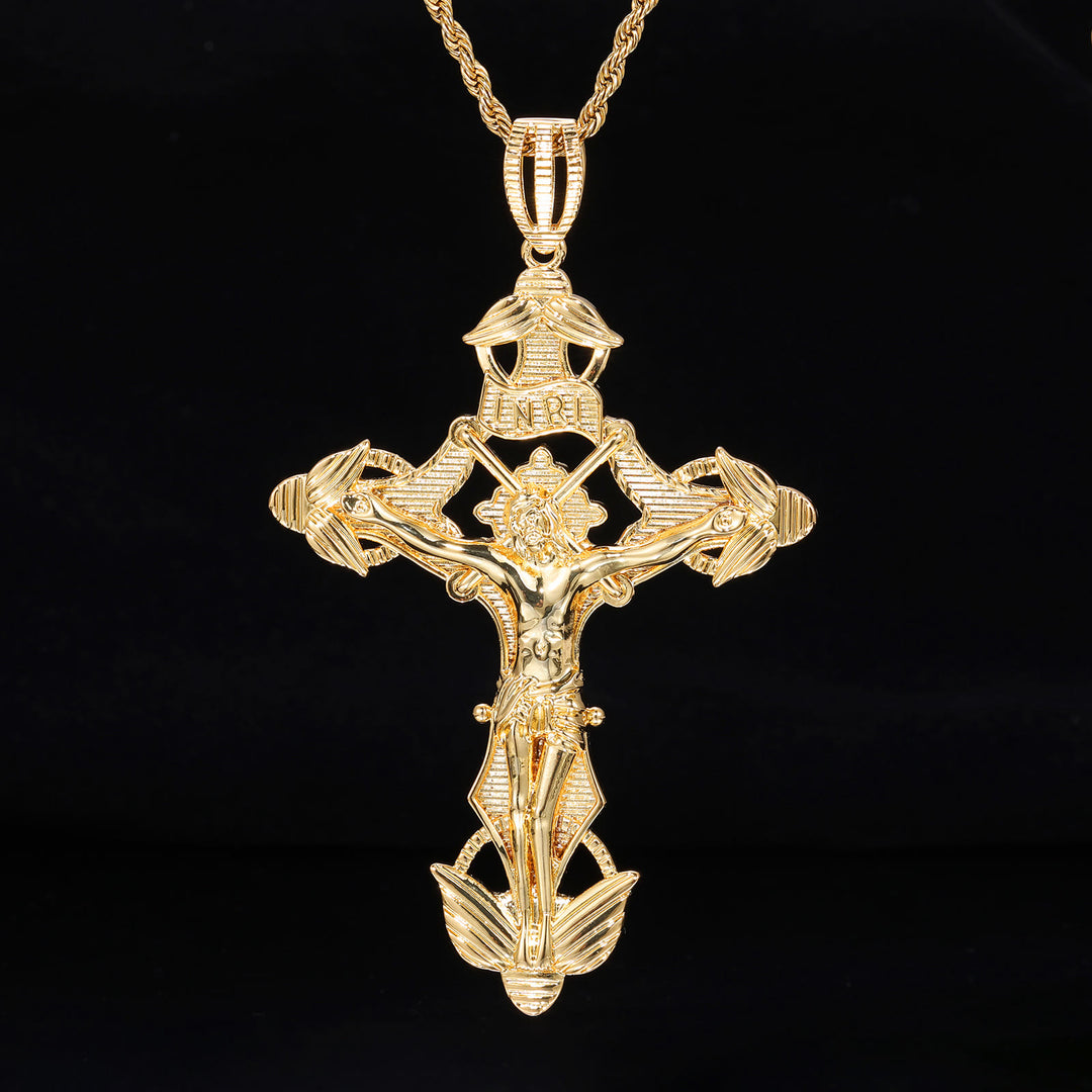 Christianartworkshop Detaillierte, geschnitzte geflügelte Kruzifix-Seilkette: Anmutiges Zeichen sanfter himmlischer Barmherzigkeit - Golden - image 0