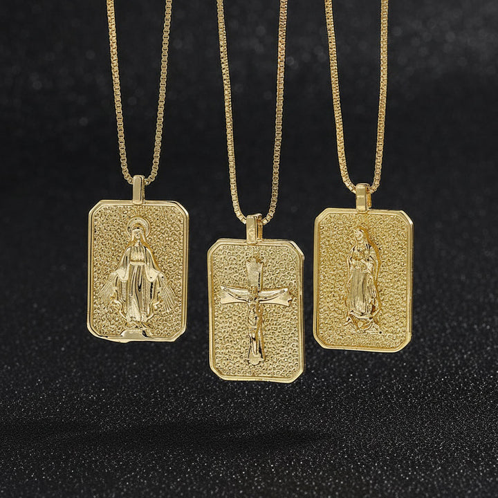 Christianartworkshop Strukturierte rechteckige Medaille mit Kreuzanhänger und Marienkreuz: Zeitloses Symbol barmherziger, heiliger Verehrung - image 0