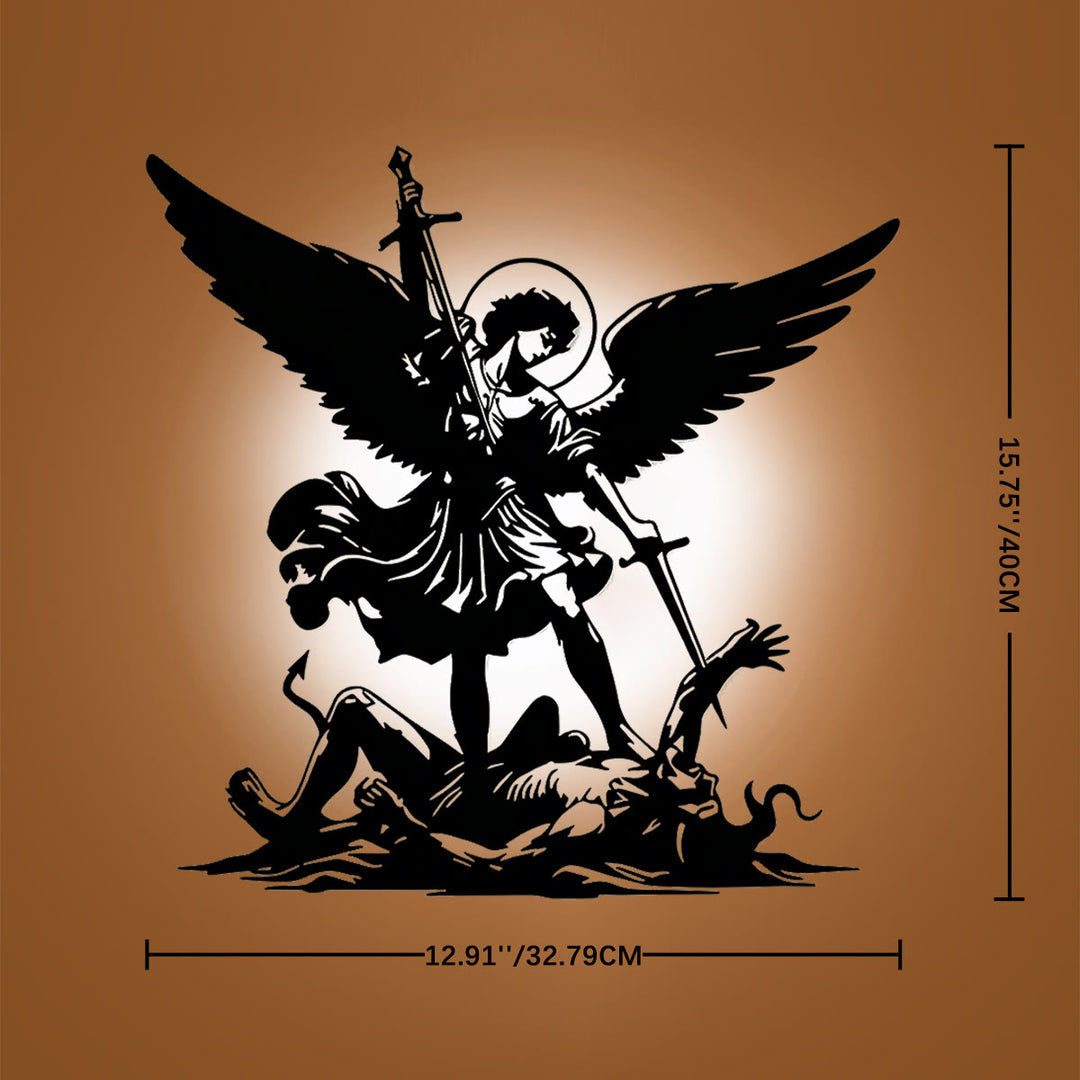 Christianartworkshop Wanddekoration aus Metall: Zeitloses Symbol des heiligen spirituellen Sieges – Silhouette des Erzengels Michael, der das Böse besiegt - 15,75''*12,91''*0,04''/40cm*32,79cm*0,1cm - image 5