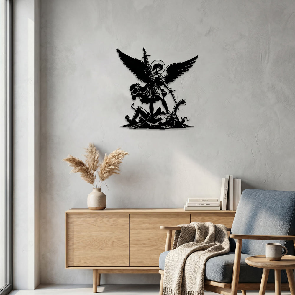 Christianartworkshop Wanddekoration aus Metall: Zeitloses Symbol des heiligen spirituellen Sieges – Silhouette des Erzengels Michael, der das Böse besiegt - image 1