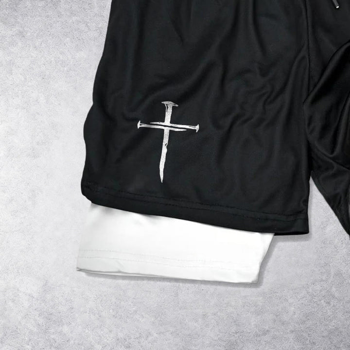 Christianartworkshop Nail Cross Minimal Sketch Double Layer Cortstring Athletic Faith Shorts - image 3