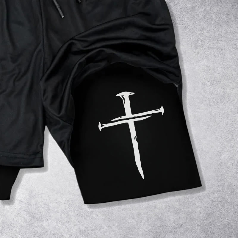 Christianartworkshop Nail Cross Minimal Sketch Double Layer Cortstring Athletic Faith Shorts - image 12