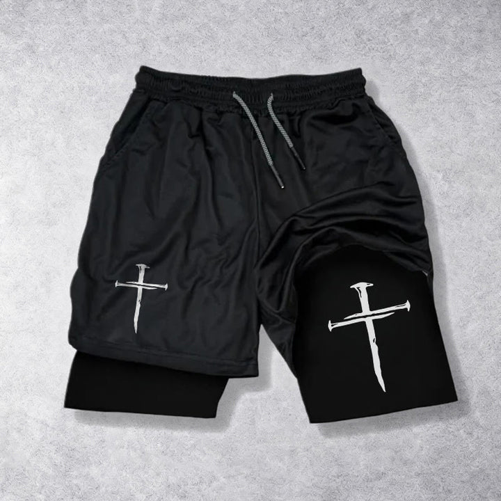 Christianartworkshop Nail Cross Minimal Sketch Double Layer Cortstring Athletic Faith Shorts - Schwarz - 3XL - image 9