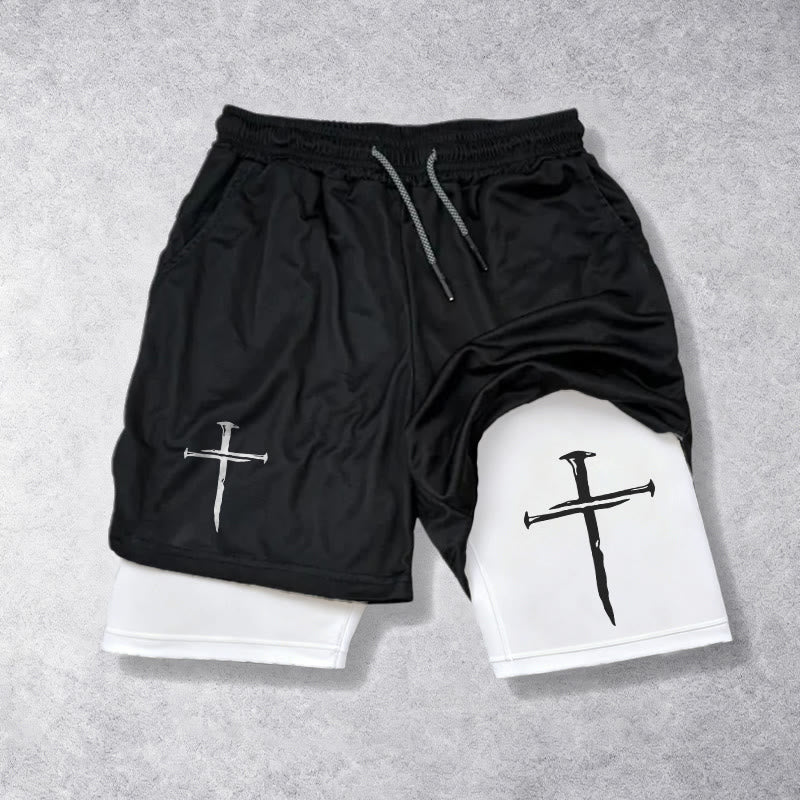 Christianartworkshop Nail Cross Minimal Sketch Double Layer Cortstring Athletic Faith Shorts - Weiß - 3XL - image 0