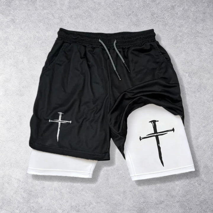 Christianartworkshop Nail Cross Minimal Sketch Double Layer Cortstring Athletic Faith Shorts - Weiß - 3XL - image 0