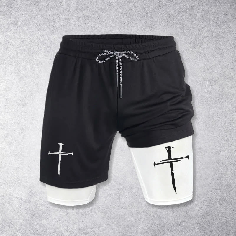 Christianartworkshop Nail Cross Minimal Sketch Double Layer Cortstring Athletic Faith Shorts - image 1