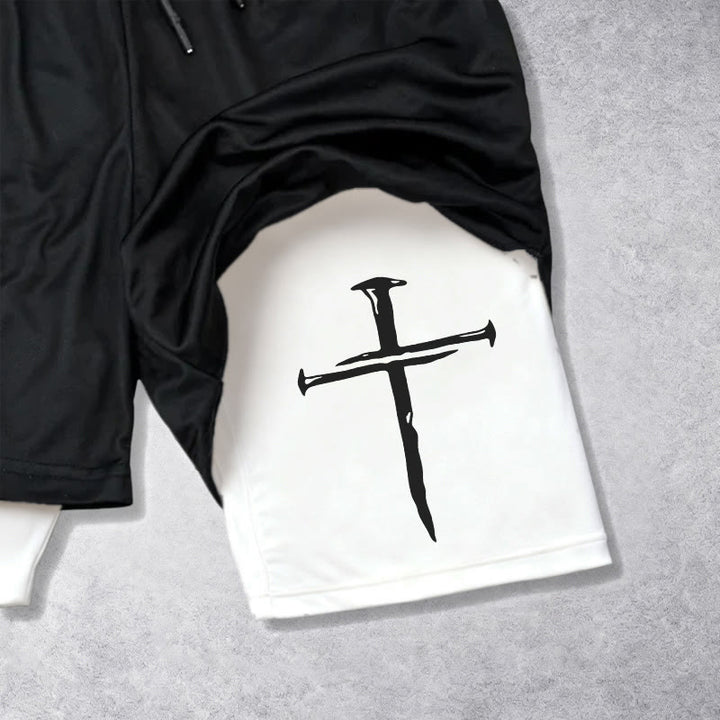 Christianartworkshop Nail Cross Minimal Sketch Double Layer Cortstring Athletic Faith Shorts - image 5