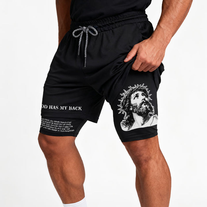 Christianartworkshop Gott steht mir bei – Dornenkrone-Jesus-Skizze, zweifarbig bedruckt, Kordelzug-Shorts mit Glaubensmotiv - image 16