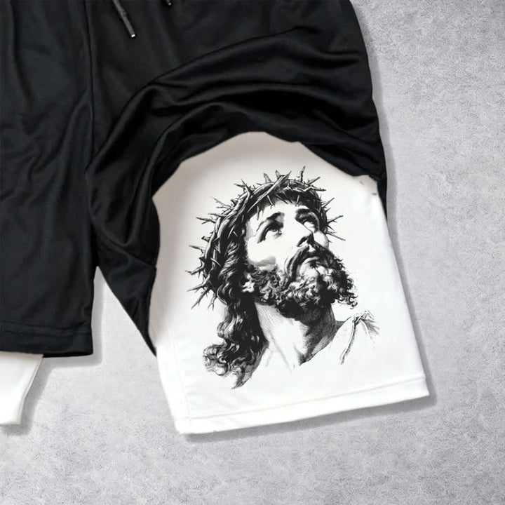 Christianartworkshop Gott steht mir bei – Dornenkrone-Jesus-Skizze, zweifarbig bedruckt, Kordelzug-Shorts mit Glaubensmotiv - image 3