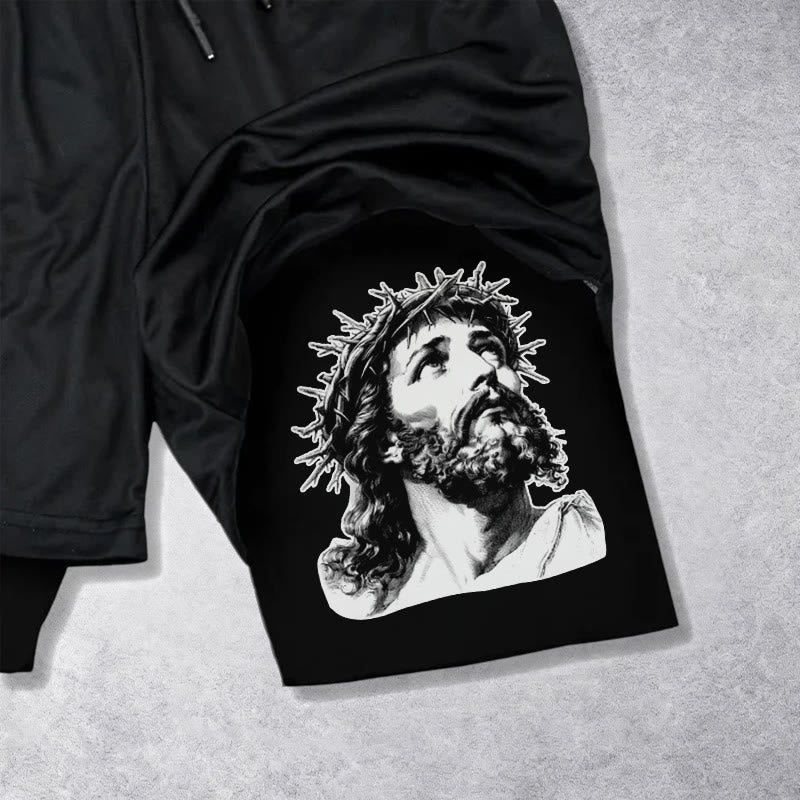 Christianartworkshop Gott steht mir bei – Dornenkrone-Jesus-Skizze, zweifarbig bedruckt, Kordelzug-Shorts mit Glaubensmotiv - image 12