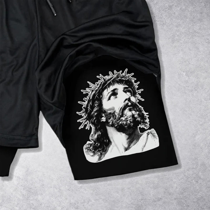 Christianartworkshop Gott steht mir bei – Dornenkrone-Jesus-Skizze, zweifarbig bedruckt, Kordelzug-Shorts mit Glaubensmotiv - image 12