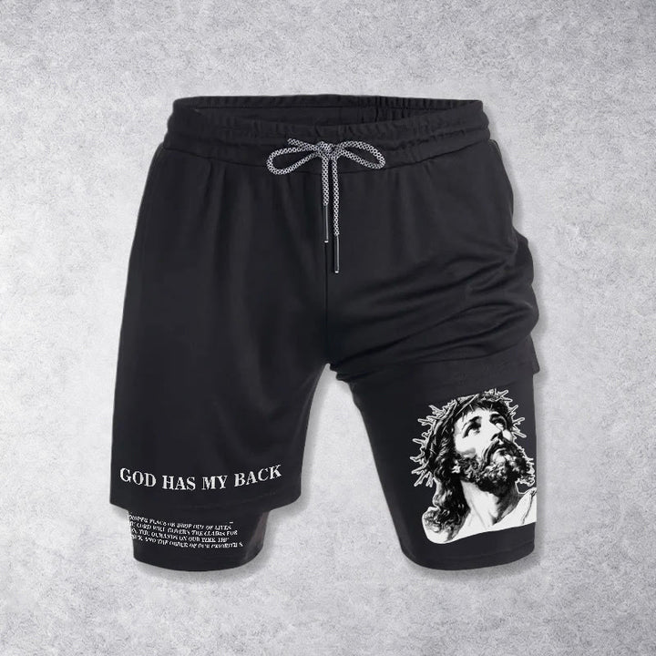 Christianartworkshop Gott steht mir bei – Dornenkrone-Jesus-Skizze, zweifarbig bedruckt, Kordelzug-Shorts mit Glaubensmotiv - image 10
