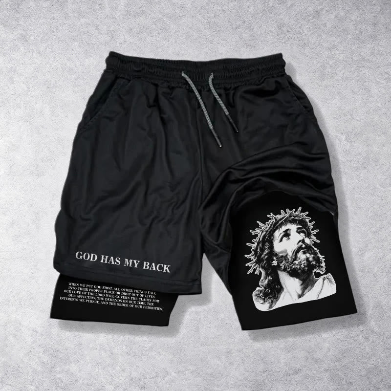 Christianartworkshop Gott steht mir bei – Dornenkrone-Jesus-Skizze, zweifarbig bedruckt, Kordelzug-Shorts mit Glaubensmotiv - Schwarz - 3XL - image 9