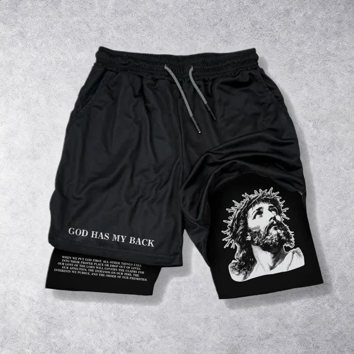 Christianartworkshop Gott steht mir bei – Dornenkrone-Jesus-Skizze, zweifarbig bedruckt, Kordelzug-Shorts mit Glaubensmotiv - Schwarz - 3XL - image 9