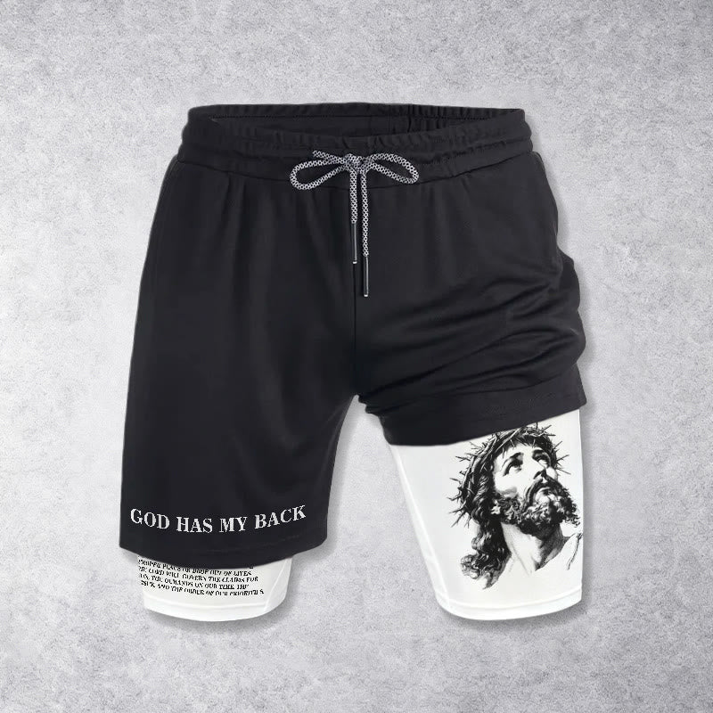 Christianartworkshop Gott steht mir bei – Dornenkrone-Jesus-Skizze, zweifarbig bedruckt, Kordelzug-Shorts mit Glaubensmotiv - image 1