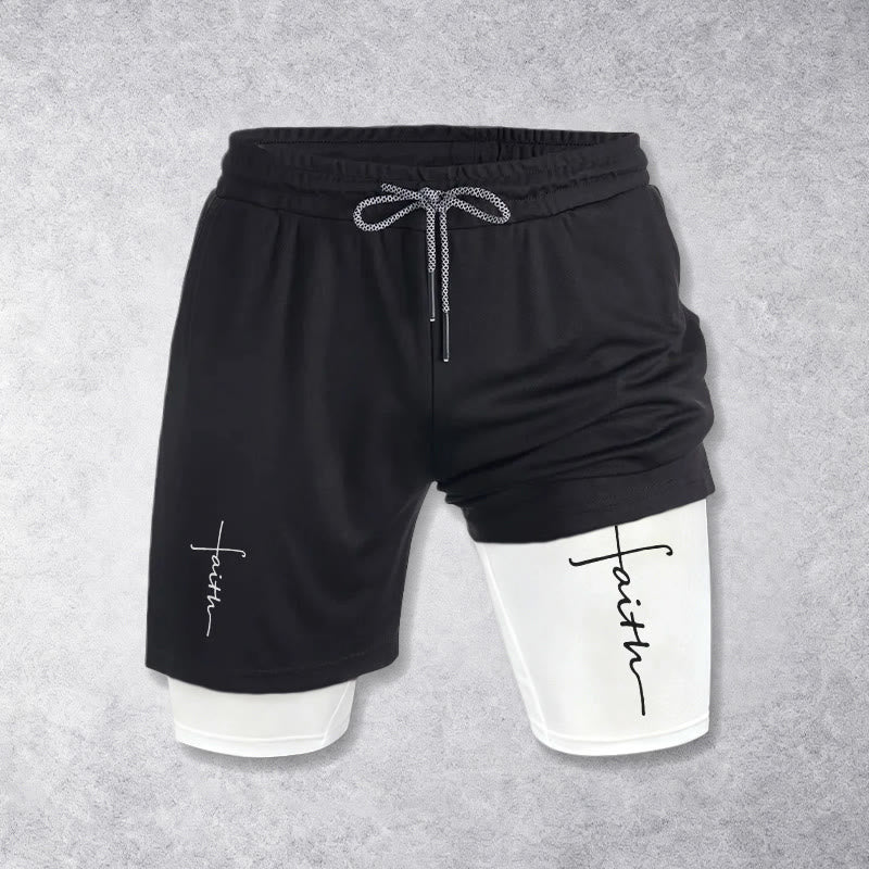 Christianartworkshop Sportshorts mit integriertem Faith-Cross-Schriftzug in Schreibschrift, zweilagig, mit Kordelzug - image 1